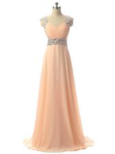 Lovely Peach V-neck Lace Up Beading Homecoming Dress Cap Sleeves