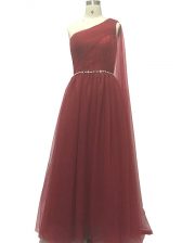 Great Burgundy Zipper One Shoulder Beading and Pleated Prom Evening Gown Chiffon Sleeveless Sweep Train