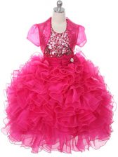 Top Selling Sleeveless Ruffles and Sequins and Bowknot Lace Up Little Girls Pageant Gowns