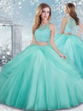  Aqua Blue Tulle Clasp Handle Sweet 16 Dresses Sleeveless Floor Length Beading and Lace