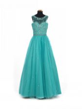 Excellent Sleeveless Tulle Floor Length Lace Up Kids Pageant Dress in Teal with Beading