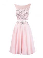 Cute Baby Pink Organza Zipper Dress for Prom Sleeveless Knee Length Beading