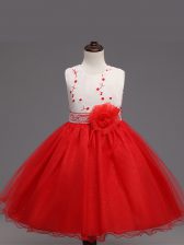  Red Ball Gowns Scoop Sleeveless Organza Knee Length Zipper Appliques and Hand Made Flower Pageant Gowns For Girls