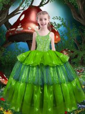  Floor Length Lace Up Little Girls Pageant Gowns for Quinceanera and Wedding Party with Beading and Ruffled Layers