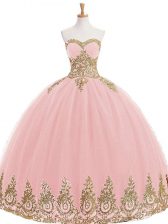 Adorable Baby Pink Sleeveless Appliques Floor Length 15 Quinceanera Dress