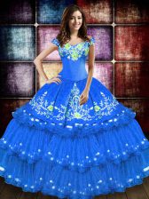 Clearance Sleeveless Floor Length Embroidery and Ruffled Layers Lace Up Quinceanera Gown with Blue