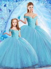 Fantastic Lace Up Quince Ball Gowns Baby Blue for Military Ball and Sweet 16 and Quinceanera with Beading Sweep Train