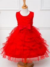 Enchanting Tea Length Zipper Little Girls Pageant Dress Wholesale Red for Wedding Party with Ruffled Layers and Bowknot