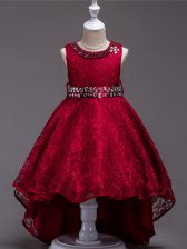 Custom Made Sleeveless Lace Up High Low Beading Girls Pageant Dresses