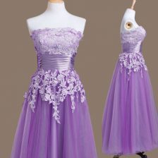 Inexpensive Lavender Strapless Neckline Appliques Court Dresses for Sweet 16 Sleeveless Lace Up
