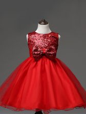  Sequins and Bowknot Girls Pageant Dresses Red Zipper Sleeveless Tea Length