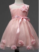  Pink Tulle Zipper Scoop Sleeveless Knee Length Little Girl Pageant Gowns Hand Made Flower