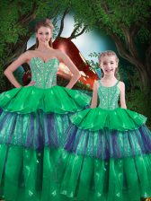 Great Floor Length Lace Up Sweet 16 Dresses Green for Military Ball and Sweet 16 and Quinceanera with Beading and Ruffled Layers