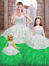  Green Ball Gowns Beading and Appliques and Ruffles Vestidos de Quinceanera Lace Up Organza Sleeveless Floor Length