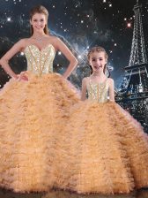 Cute Orange Ball Gowns Tulle Sweetheart Sleeveless Beading and Ruffles Floor Length Lace Up Quinceanera Dress