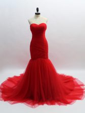 Vintage Sweetheart Sleeveless Brush Train Lace Up Prom Gown Red Tulle