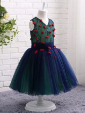  Knee Length Zipper Little Girls Pageant Gowns Navy Blue for Wedding Party with Lace and Appliques