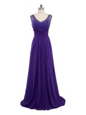  Purple Prom Party Dress Prom and Party and Military Ball and Sweet 16 with Beading and Ruching V-neck Sleeveless Side Zipper