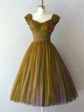Pretty Cap Sleeves Knee Length Ruching Lace Up Quinceanera Court of Honor Dress with Olive Green