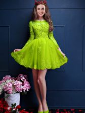  Yellow Green Scalloped Lace Up Beading and Lace and Appliques Quinceanera Dama Dress 3 4 Length Sleeve