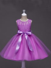  Lilac Ball Gowns Tulle Scoop Sleeveless Lace and Belt Knee Length Zipper Pageant Gowns For Girls