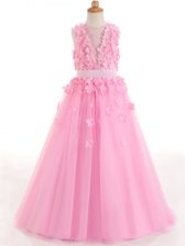 Sleeveless Floor Length Appliques and Bowknot Zipper Pageant Gowns For Girls with Rose Pink 