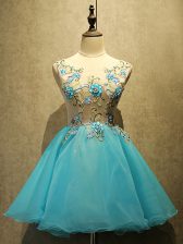  Aqua Blue Scoop Lace Up Embroidery Prom Evening Gown Sleeveless