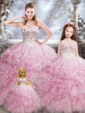 Great Floor Length Baby Pink Quince Ball Gowns Organza Sleeveless Beading and Ruffles