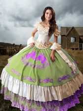 Fitting Multi-color Sweet 16 Quinceanera Dress Military Ball and Sweet 16 and Quinceanera with Embroidery and Ruffled Layers Off The Shoulder Sleeveless Brush Train Lace Up