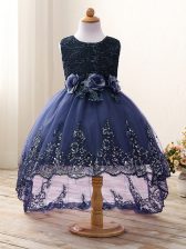 Navy Blue Sleeveless Lace and Appliques and Bowknot and Hand Made Flower High Low Little Girls Pageant Dress