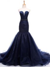  Lace Up Prom Dress Navy Blue for Prom and Military Ball with Beading and Ruching Court Train