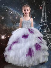  White Tulle Lace Up Straps Sleeveless Floor Length Little Girl Pageant Gowns Beading and Ruffled Layers