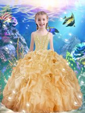  Champagne Lace Up Kids Pageant Dress Beading and Ruffles Sleeveless Floor Length