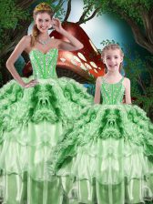 Flirting Sweetheart Sleeveless Quinceanera Gown Floor Length Beading and Ruffles and Ruffled Layers Green Organza