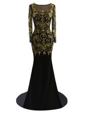 Custom Design Black Homecoming Dress Prom and Military Ball and Beach with Beading Scoop Long Sleeves Brush Train Zipper