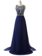 Custom Design Navy Blue Scoop Neckline Beading Dress for Prom Sleeveless Zipper