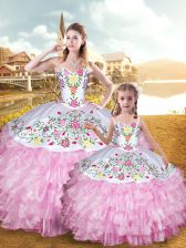 Vintage Organza and Taffeta Sweetheart Sleeveless Lace Up Embroidery and Ruffled Layers Sweet 16 Quinceanera Dress in Rose Pink 