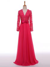  Hot Pink Long Sleeves Lace and Appliques and Belt Floor Length Prom Dresses