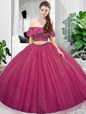 Comfortable Organza Off The Shoulder Sleeveless Lace Up Lace and Ruching Sweet 16 Quinceanera Dress in Fuchsia