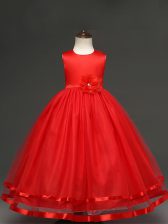  Hand Made Flower Little Girls Pageant Dress Red Zipper Sleeveless Floor Length