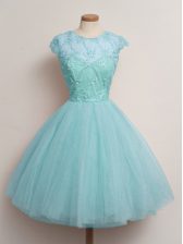  Aqua Blue Ball Gowns Scoop Cap Sleeves Tulle Knee Length Lace Up Lace Damas Dress