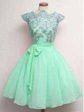  Apple Green Cap Sleeves Knee Length Lace and Belt Lace Up Quinceanera Court of Honor Dress