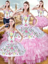 Custom Made Rose Pink Sleeveless Embroidery and Ruffled Layers Floor Length Sweet 16 Dress