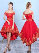 Graceful Wine Red Off The Shoulder Neckline Appliques Court Dresses for Sweet 16 Sleeveless Lace Up