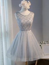 Customized Grey Tulle Lace Up Scoop Sleeveless Mini Length Homecoming Dress Beading