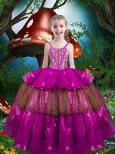  Fuchsia Sleeveless Beading and Ruffled Layers Floor Length Little Girls Pageant Dress Wholesale