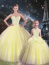  Sleeveless Tulle Floor Length Lace Up Quinceanera Dresses in Yellow with Beading
