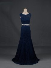 Inexpensive Navy Blue Column/Sheath Beading Evening Dress Backless Lace Sleeveless Floor Length