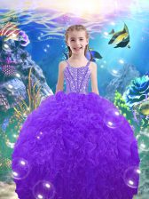  Eggplant Purple Straps Neckline Beading and Ruffles Little Girl Pageant Gowns Sleeveless Lace Up