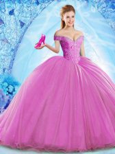 Trendy Off The Shoulder Sleeveless Quinceanera Dress Brush Train Beading Lilac Organza